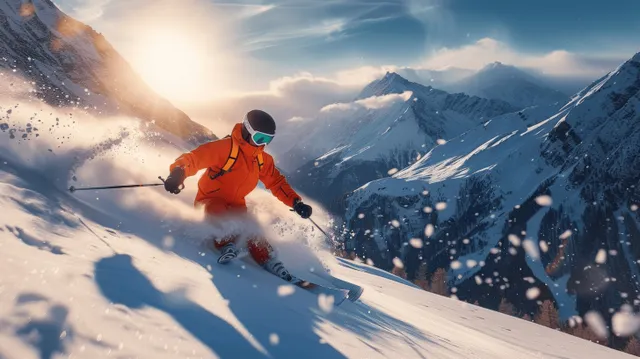 An orange-jacket skier turns on a snowy mountain slope with powder snow flying through bright sunshine.