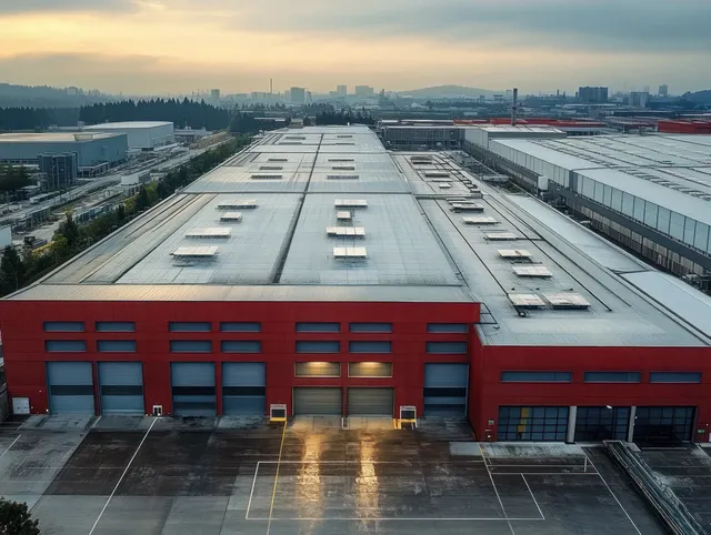 Red warehouse building with several garage doors and loading bays in an industrial complex at dusk.