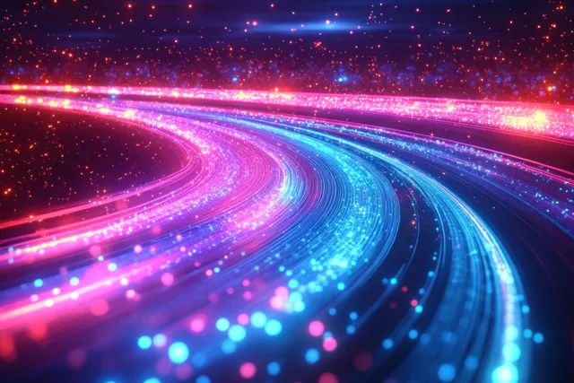 Neon pink and blue particle streams curve through dark space, forming luminous futuristic light trails