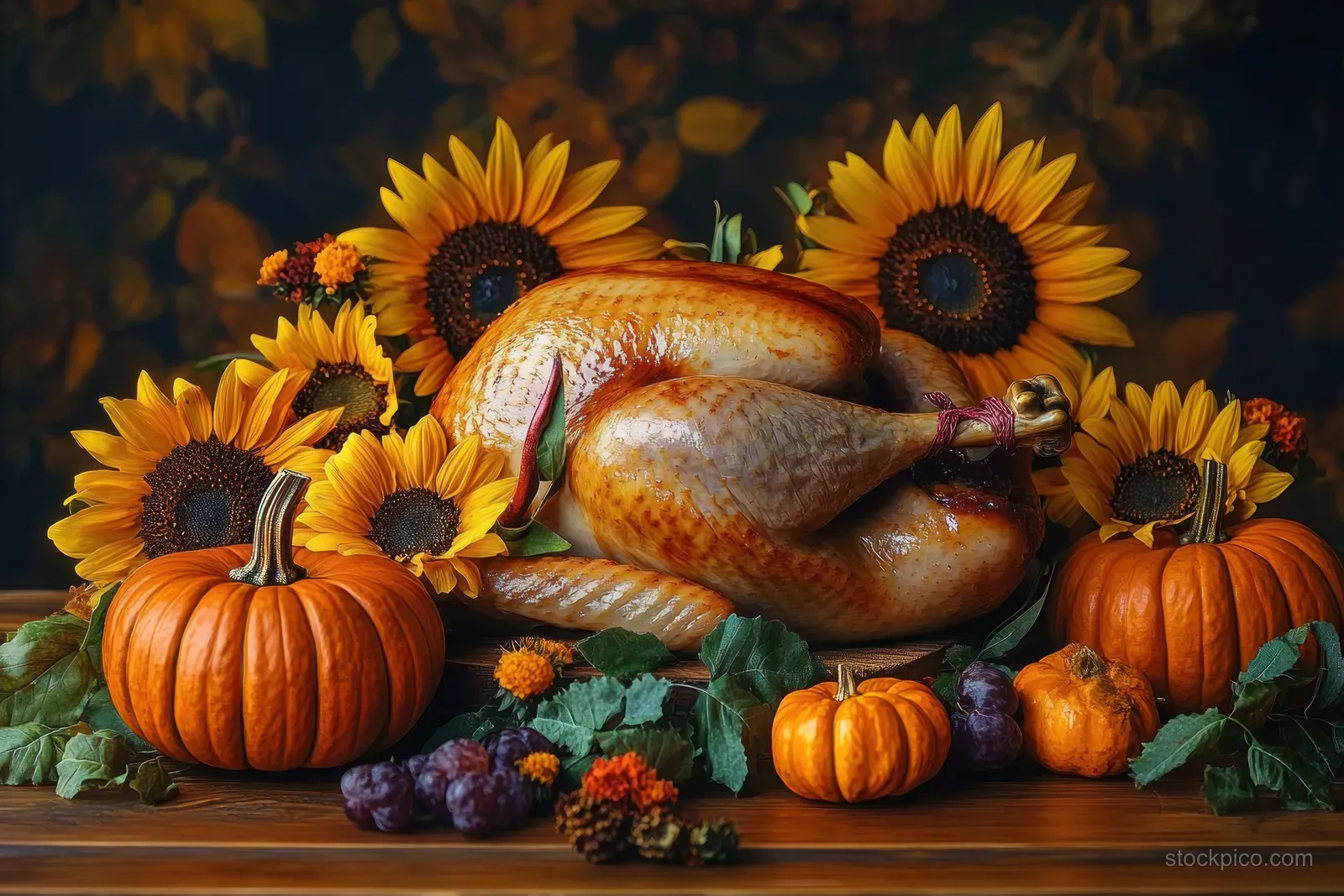 A roasted turkey lies on a wooden table with pumpkins, autumn vegetables, grapes, and sunflowers around it.