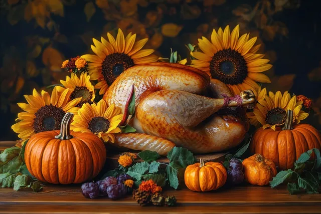 Thanksgiving roasted turkey surrounded by autumn vegetables and sunflowers on wooden table