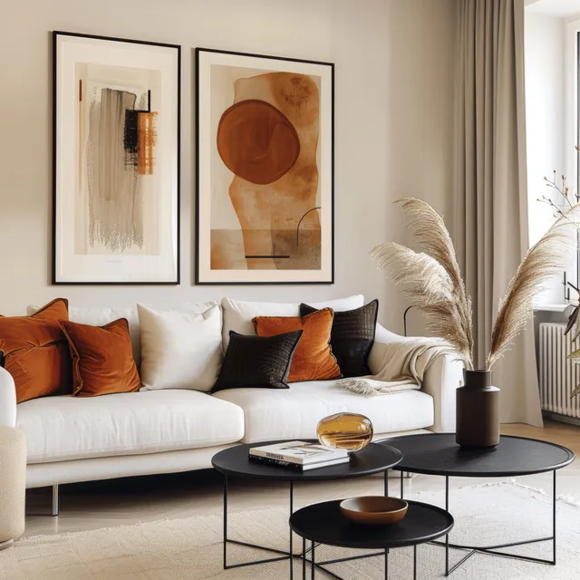 Abstract framed posters hang above a white sofa as terracotta pillows sit beside a black coffee table in a bright living room.