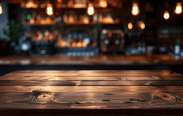 Wooden table in cozy bar, warm hanging lights blur into a night ambiance