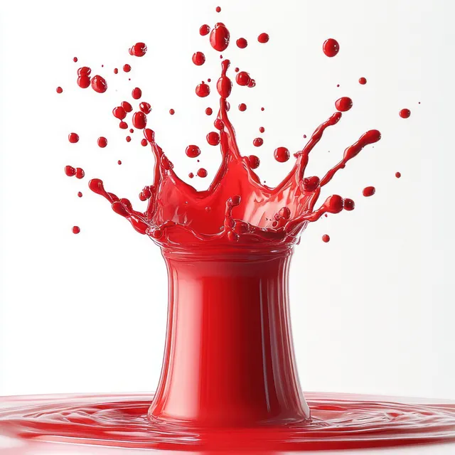 Red cherry juice splashes upward from a clear glass, droplets frozen on white background