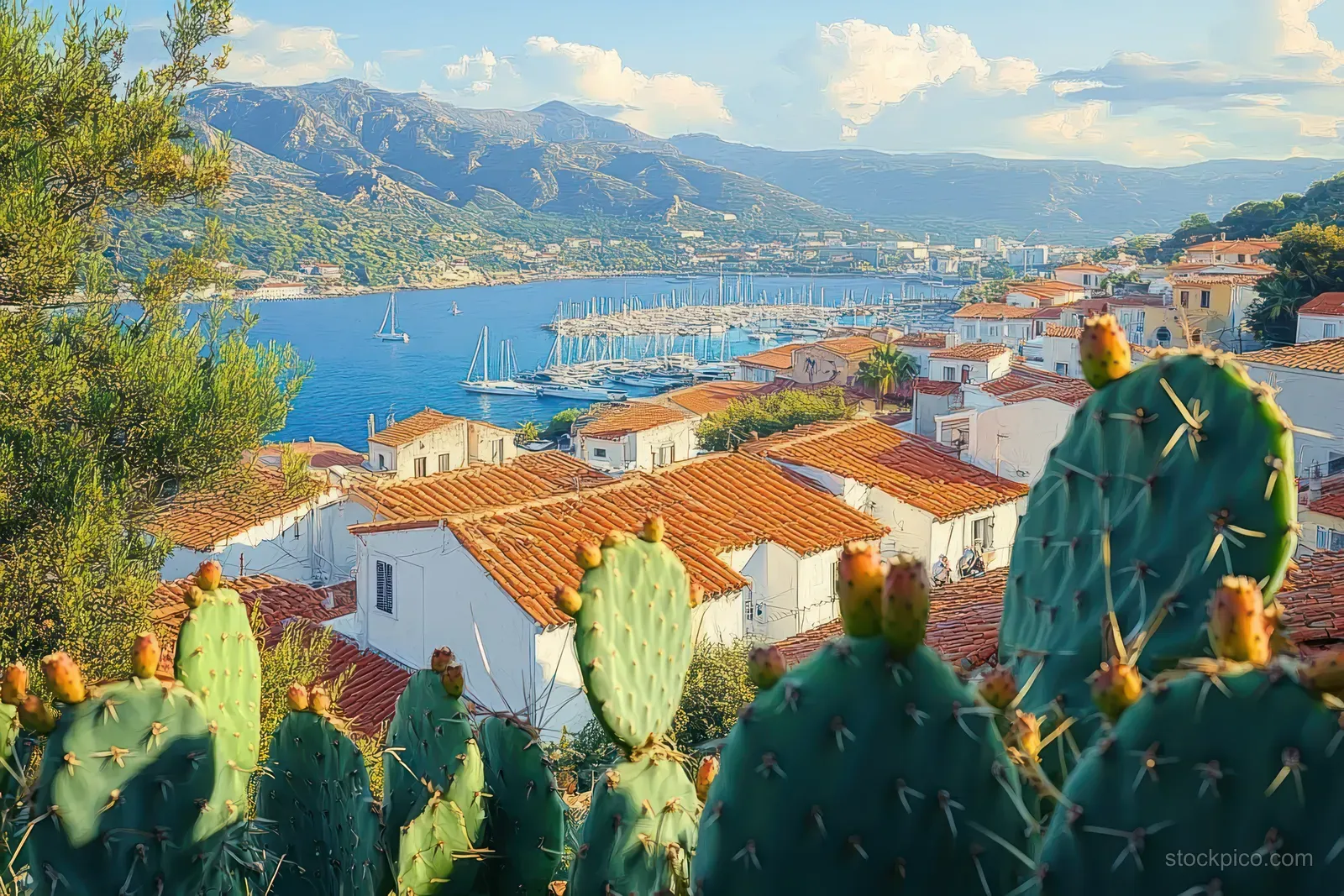 Terracotta rooftops and cacti overlook a marina with sailboats and distant mountains under a bright blue sky.