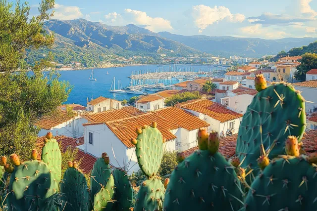 Mediterranean hillside town with terracotta roofs overlooking a marina of sailboats under blue sky