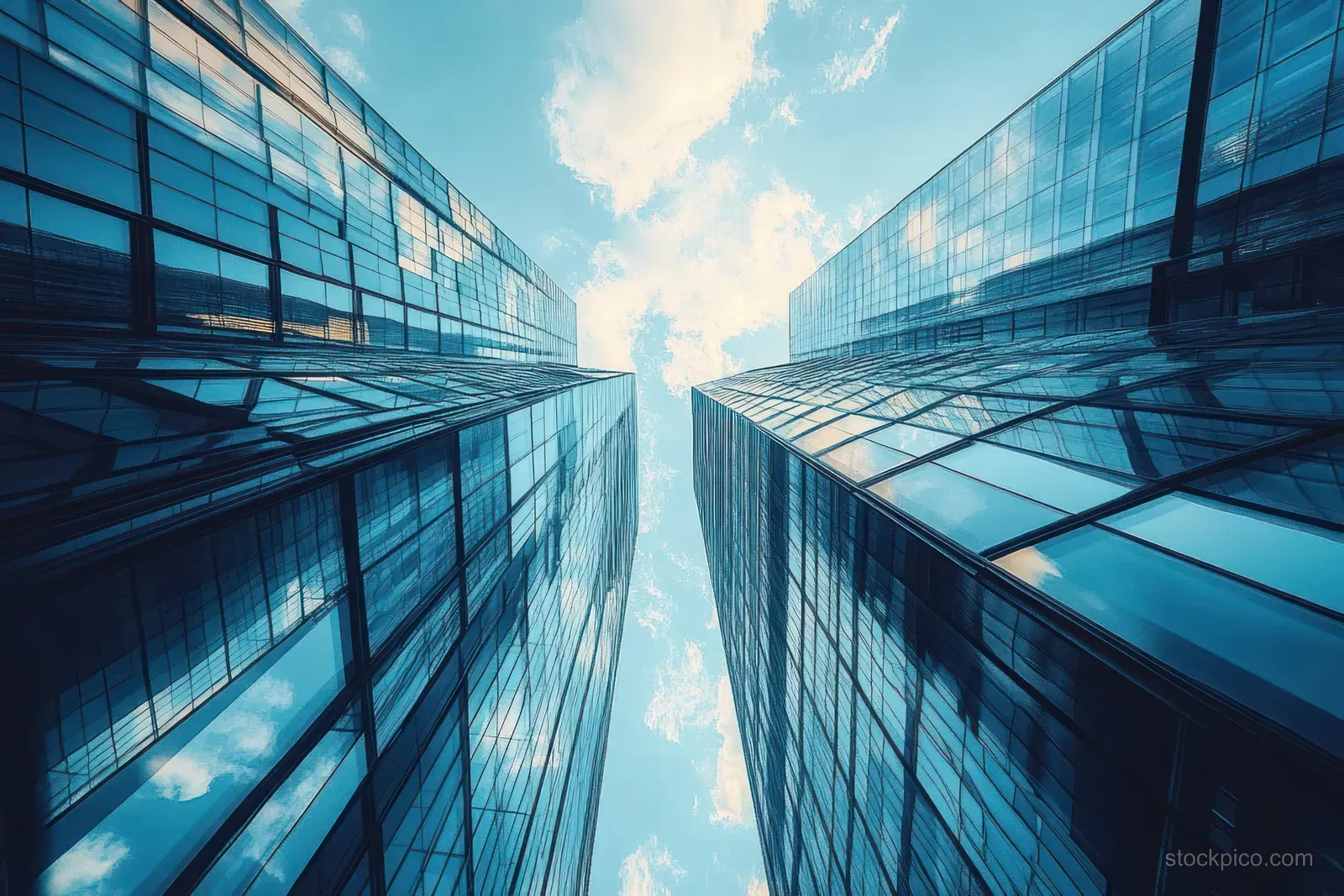 Symmetrical view between two modern glass skyscrapers reflecting the blue sky and clouds in their facades.