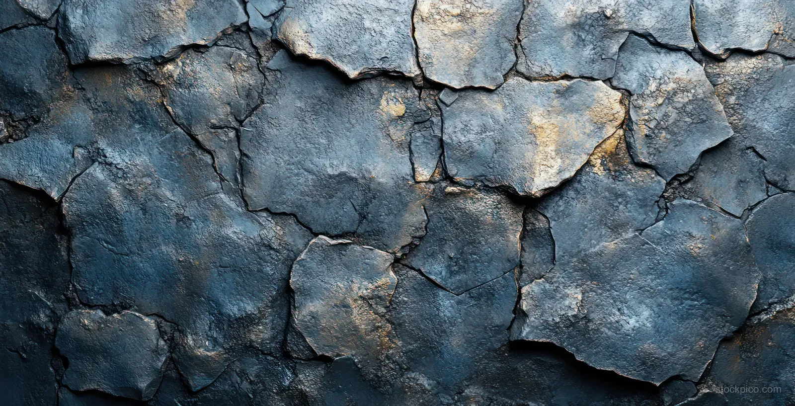 Close-up of a cracked dark-blue concrete wall with weathered stains and rough surface texture.