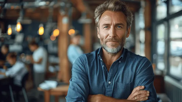 Bearded business manager in a blue shirt stands with arms crossed in a modern office, with a collaborating team blurred behind.
