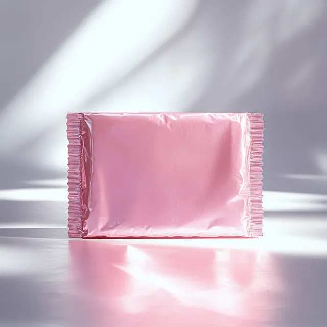 Metallic pink wrapped package stands upright on a reflective white surface with soft light highlights.