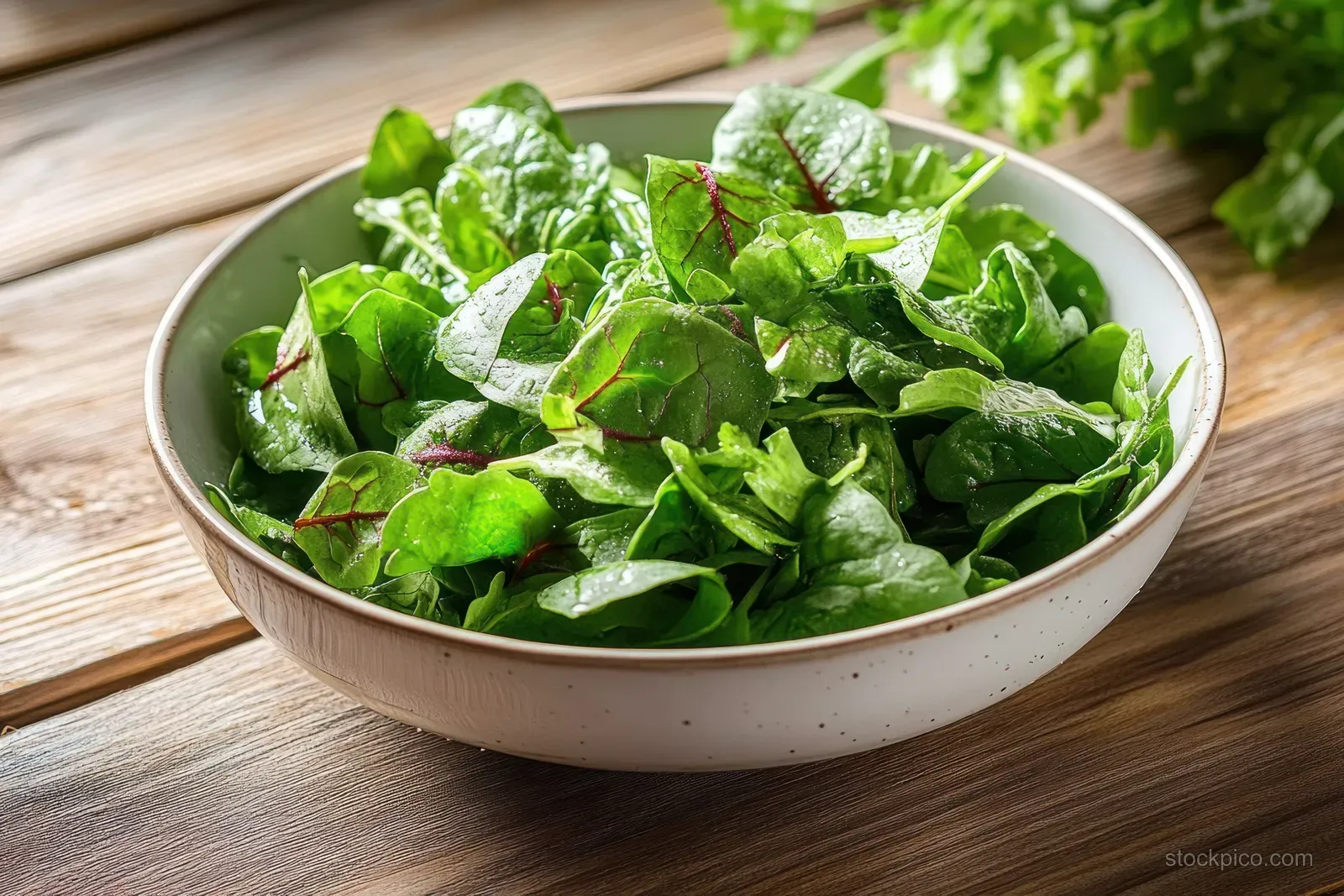 A close-up of a fresh green salad bowl filled with arugula, spinach, and mixed vegetables on a wooden surface.