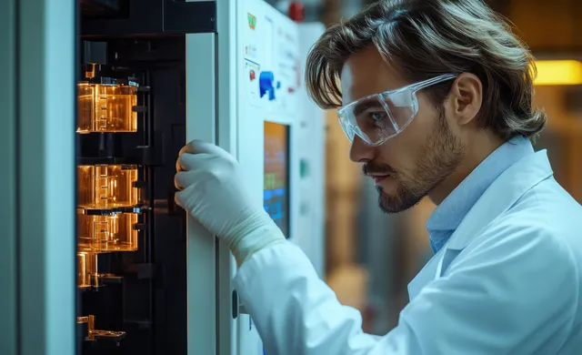 Gloved scientist adjusts illuminated laboratory chambers inside a controlled research room.