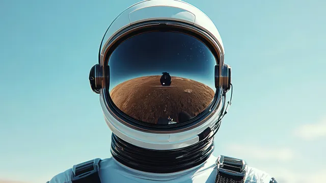 Astronaut helmet close-up with visor reflecting a barren rocky planet landscape under a clear blue sky.