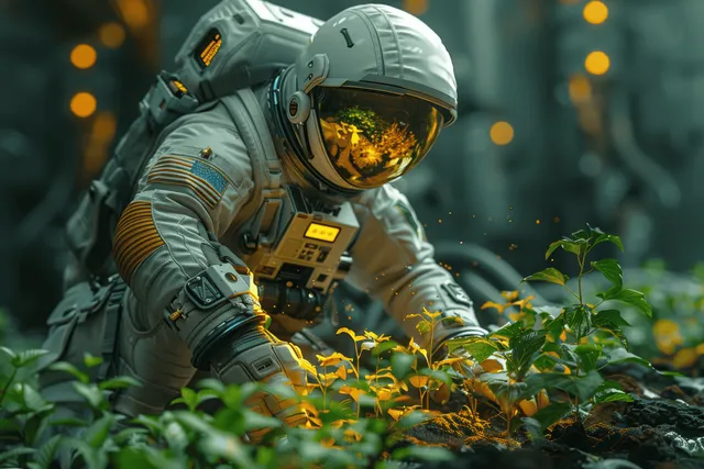 An astronaut in a space suit tends seedlings in a misty space greenhouse with glowing bokeh lights.