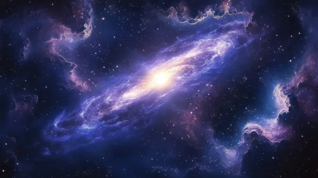 A glowing spiral galaxy appears in deep space surrounded by swirling purple-blue star clouds and cosmic dust.