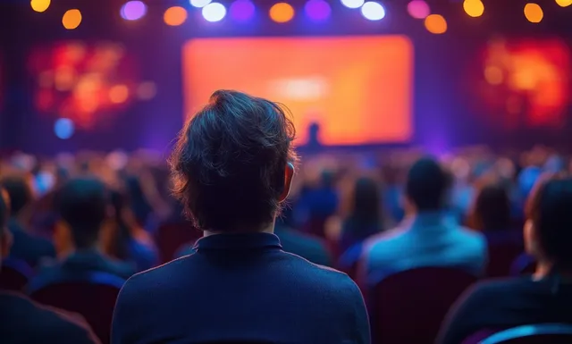 Female presenter on a conference stage speaking to an investor pitch crowd under colorful stage lights.