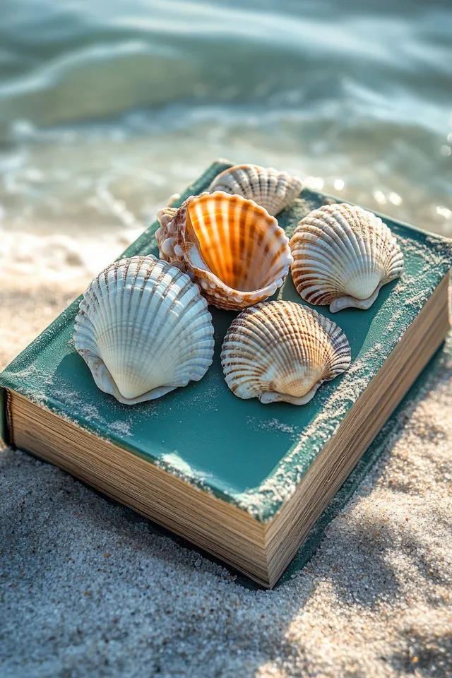 Seashells sit on a closed book on sandy beach while ocean waves roll in the background.