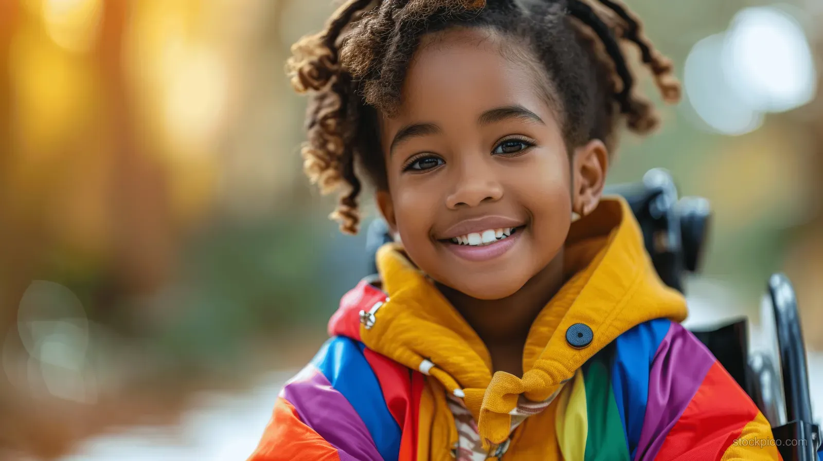 A young Black girl in a wheelchair wears a rainbow jacket while smiling outdoors during Pride celebration.