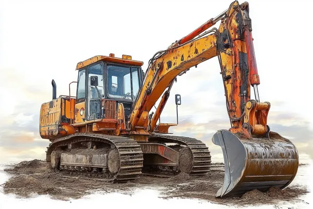 Orange tracked excavator with bucket lowered on muddy ground under an overcast sky.