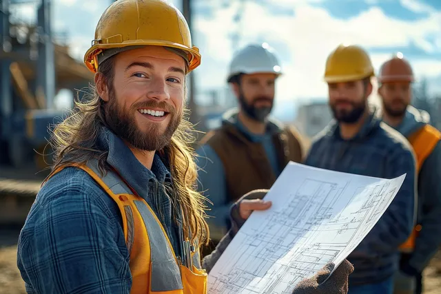Construction worker wearing a hard hat holds blueprints while coworkers stand behind on a building site.