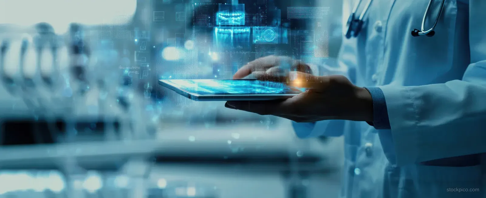Doctor in a white coat holding a tablet as holographic medical data displays float above the clinic desk.
