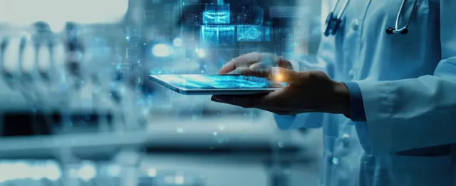 Doctor in a white coat holding a tablet as holographic medical data displays float above the clinic desk.