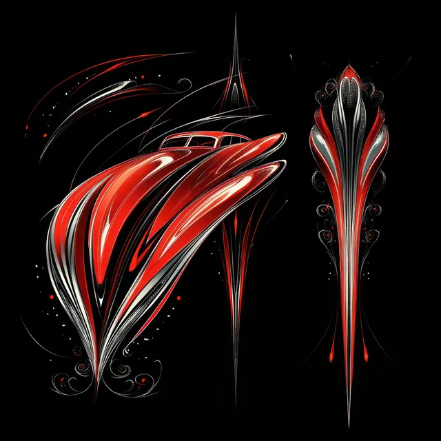 Red and silver stylized car graphic with flowing speed lines and glossy highlights on a black background.