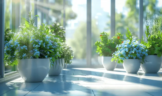 Sunlit window ledge shows several white potted plants with soft bokeh and a blurred city skyline beyond.