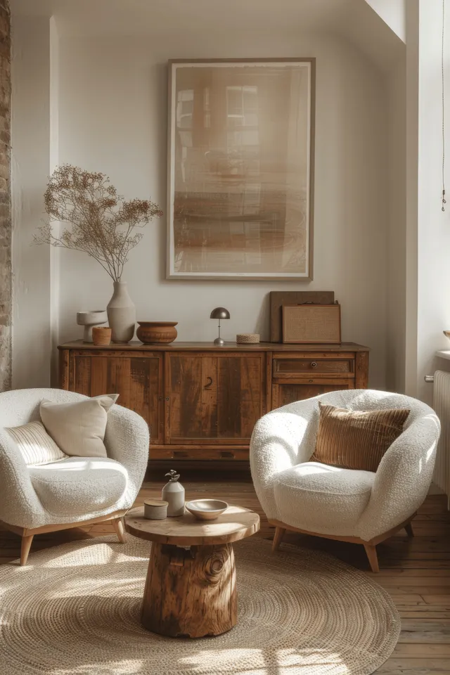 Sunlit minimalist living room featuring armchairs, a coffee table, a wooden sideboard, and an empty framed wall art mockup.