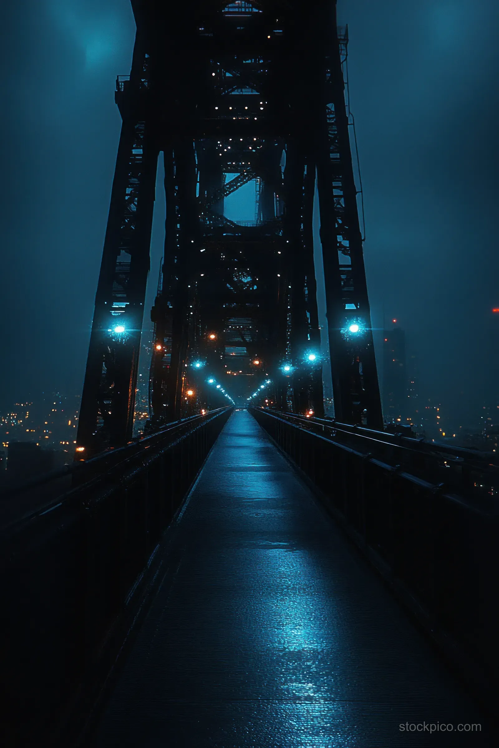 Foggy blue-and-orange lit industrial bridge rises above a wet empty road with reflections.