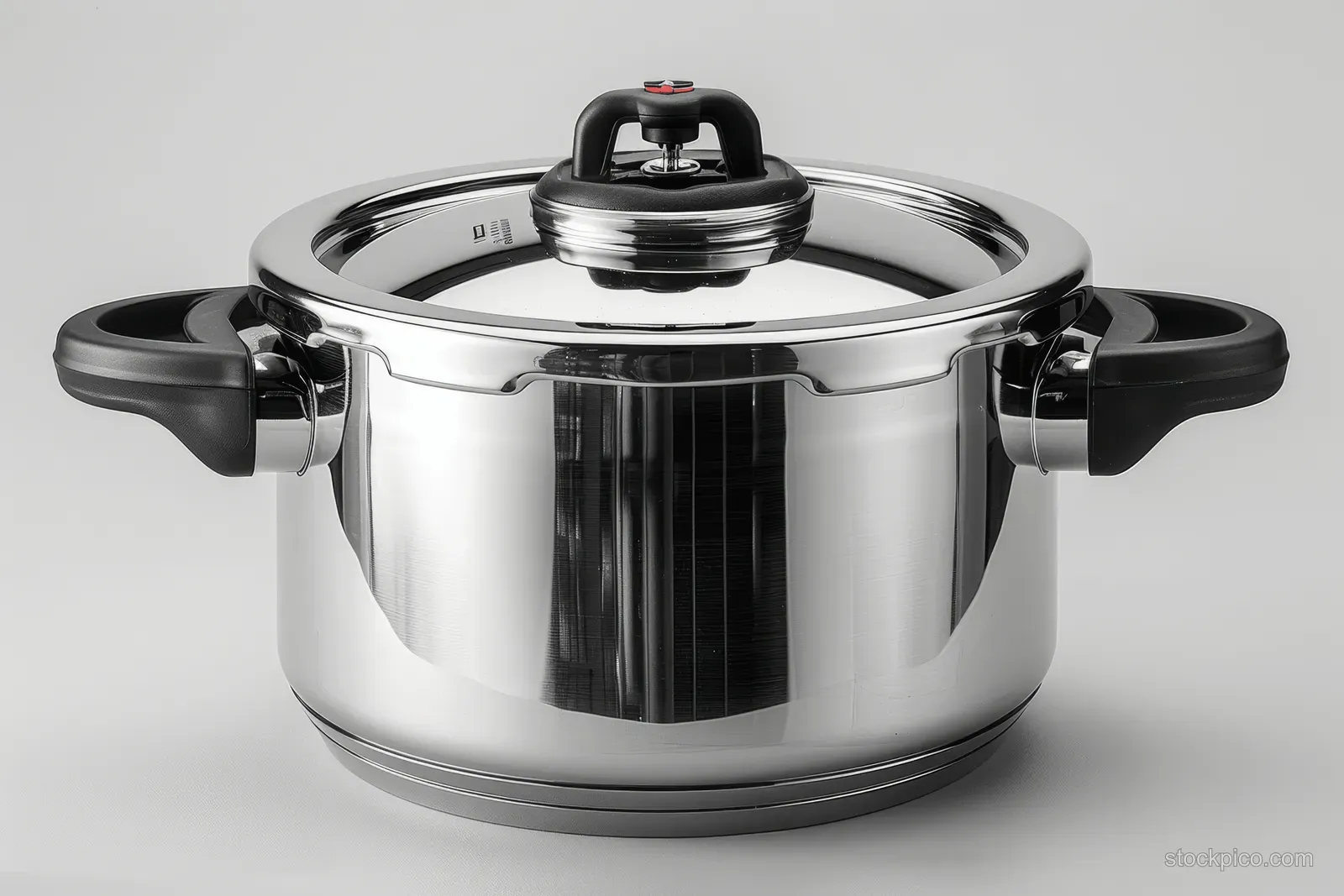 Stainless steel pressure cooker with black handles and locking lid on a white background.