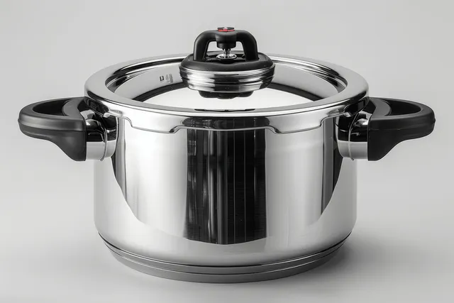 Stainless Steel Pressure Cooker with Locking Lid on White Background with Kitchen Appliances