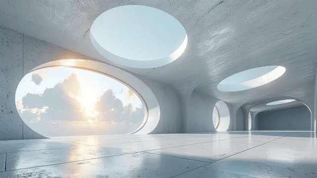 Empty futuristic showroom interior with concrete floor, circular wall openings, and glowing ceiling lights.