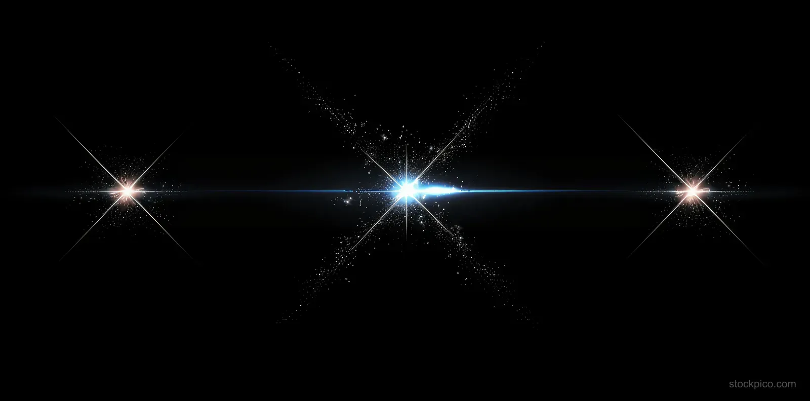 White X-shaped lens flare with starburst rays glows on a dark black background.