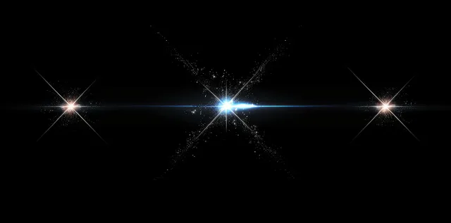 White X-shaped lens flare with starburst rays glows on a dark black background.
