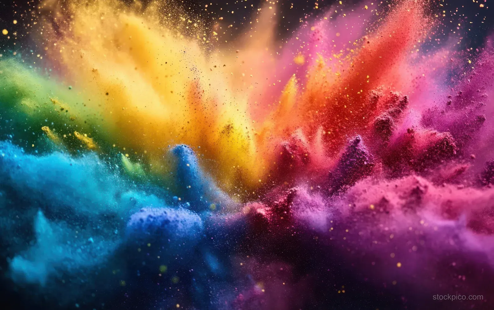 Multicolored powder clouds explode and swirl in blue, yellow, red, purple, and pink against a dark background.