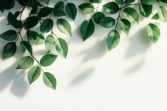 Fresh green leaves casting soft shadows on a pale wall in bright sunlight