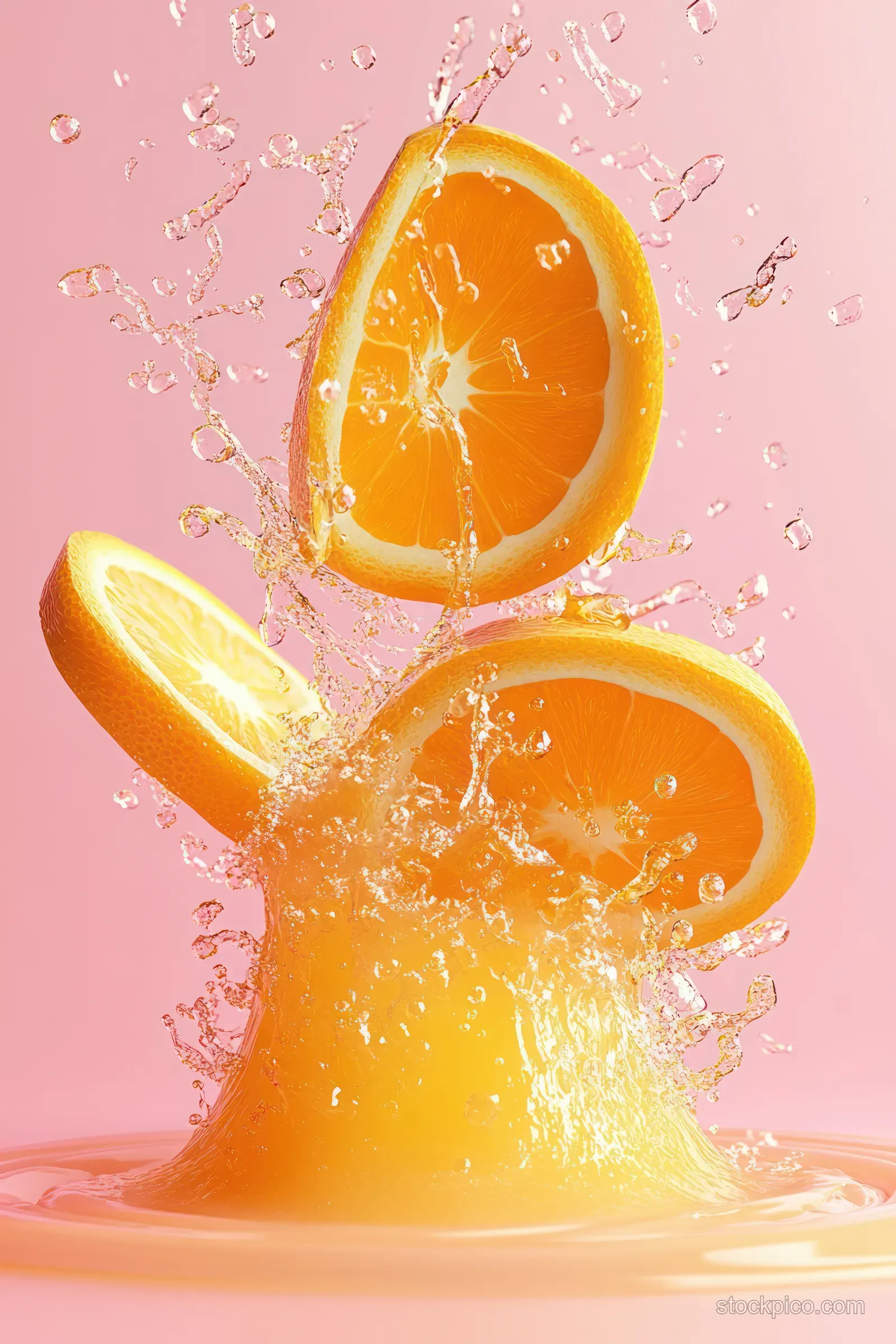 Orange juice splashes around two orange slices with droplets flying on a pink background.