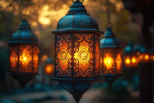 Ornate vintage lanterns glow with warm light and visible glass patterns in a nighttime cemetery scene.