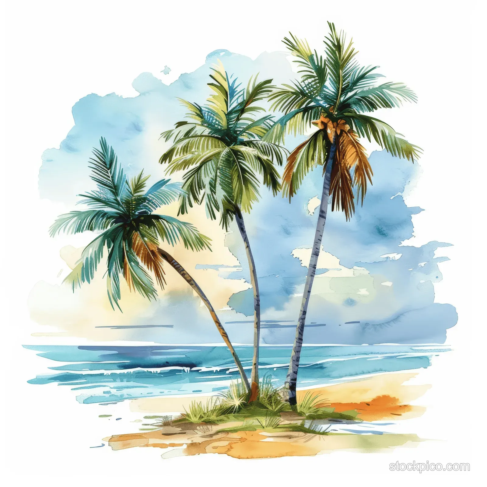 Watercolor palm trees on a tropical beach with blue ocean waves and sandy shoreline under cloudy sky.