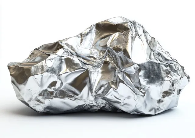 Large shiny metallic silver mineral rock with jagged reflective surface isolated on a white background.