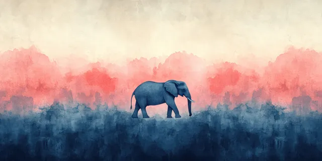Minimalist watercolor elephant silhouette centered on pastel dusk gradient background