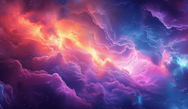 Surreal fantasy storm portal glowing between colorful clouds in a twilight sky