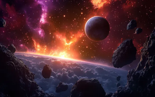 Glow planet and fiery nebula above rocky asteroids in deep space