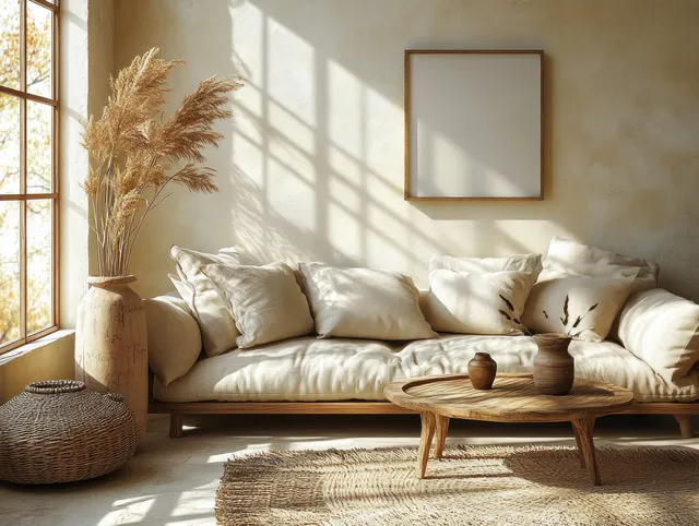 Beige sofa and wooden coffee table in a neutral living room with dried pampas lit by window sunlight.