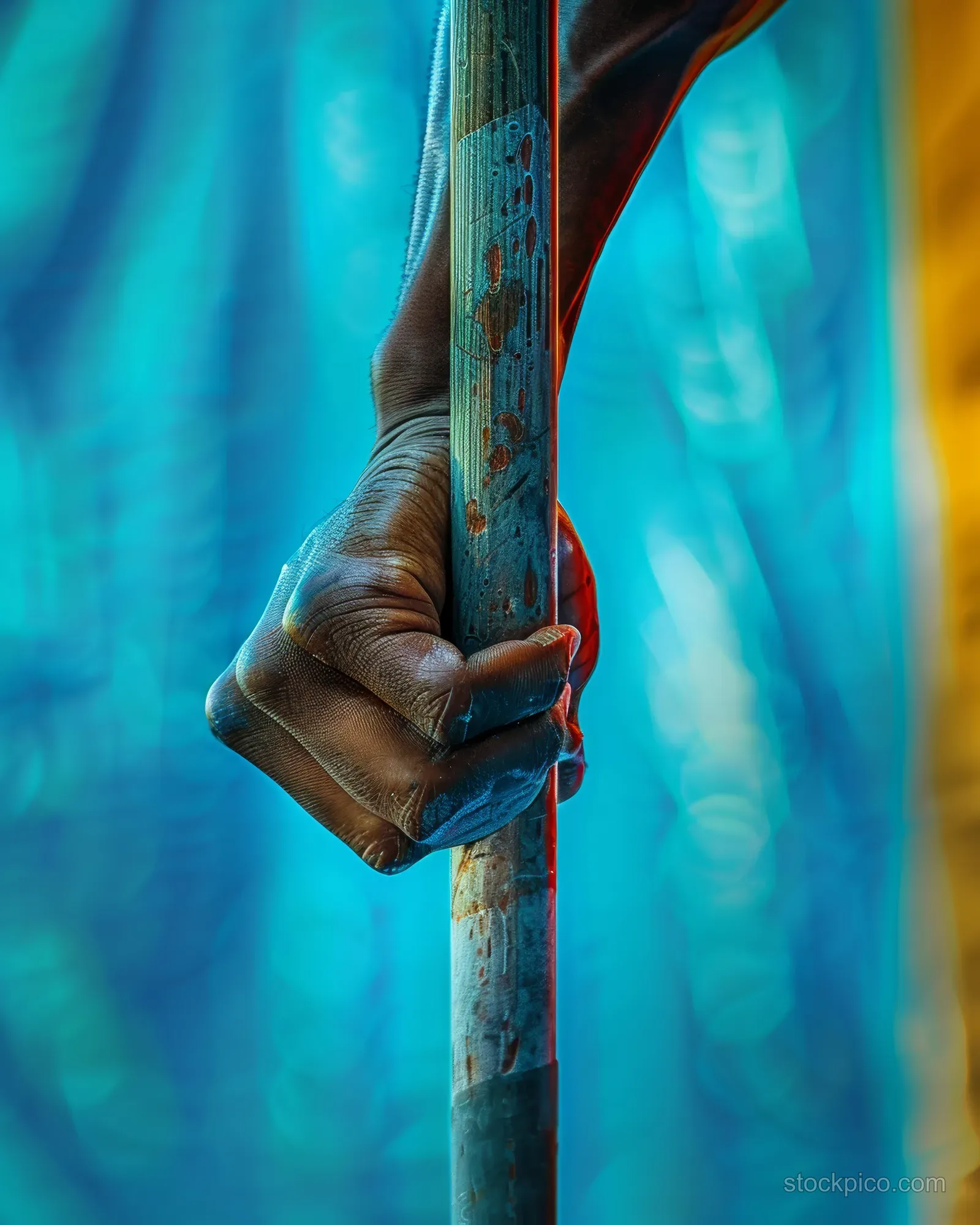 Pole vaulter’s gloved hands gripping a vertical fiberglass pole with focused tension against a blurred blue background.
