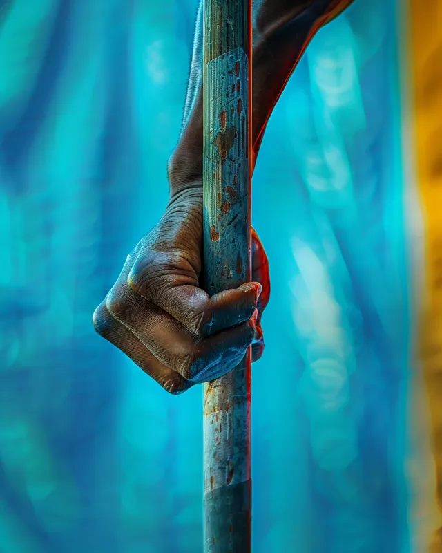 Pole vaulter grips fiberglass pole tightly during sprint and upward push at track