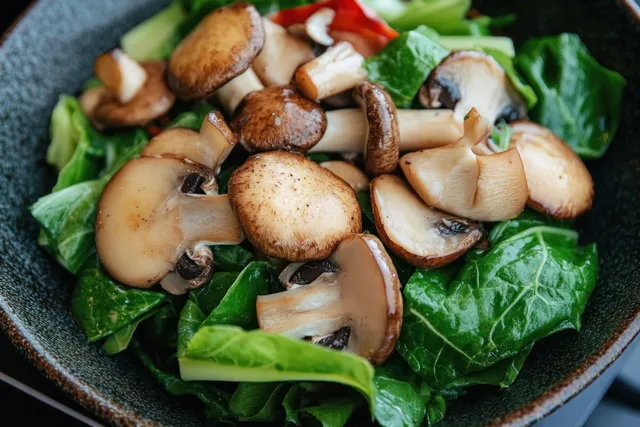 Mushrooms and bok choy stir-fried with garlic sauce in a dark skillet with visible glossy greens and sliced stems.