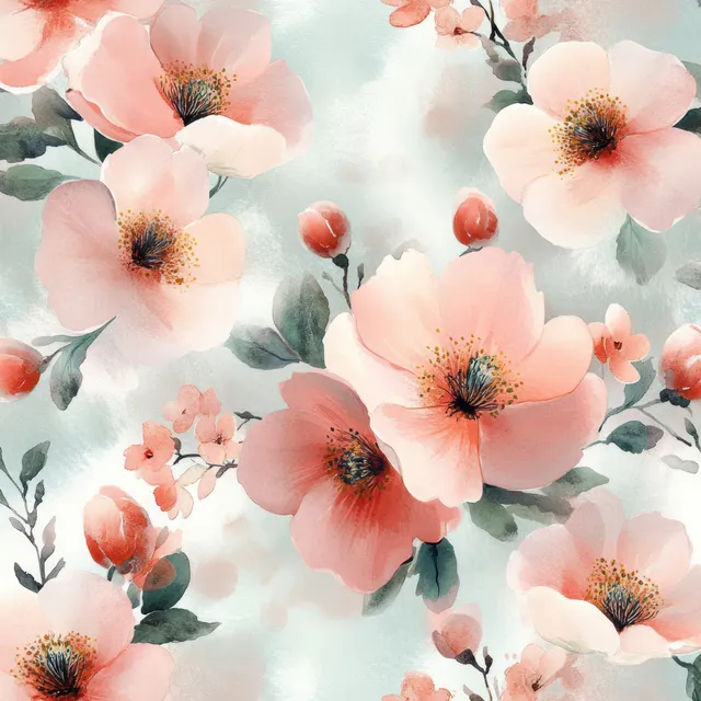 Pastel watercolor floral seamless pattern with pink blossoms and soft painted leaves