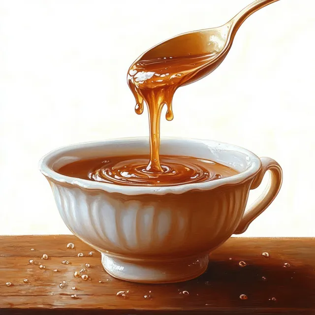 Thick golden caramel drips from a spoon into a white ceramic bowl on wood